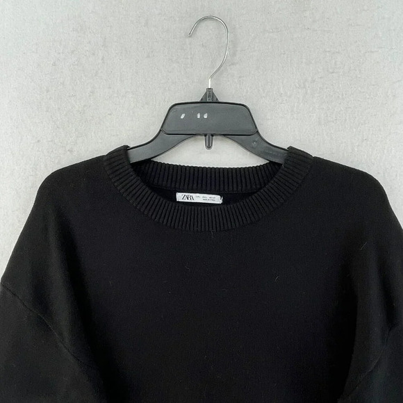 Zara Sweatshirt Women's Sz Large Black Crew Neck Ribbed Knit Pullover Stretch - Picture 6 of 10
